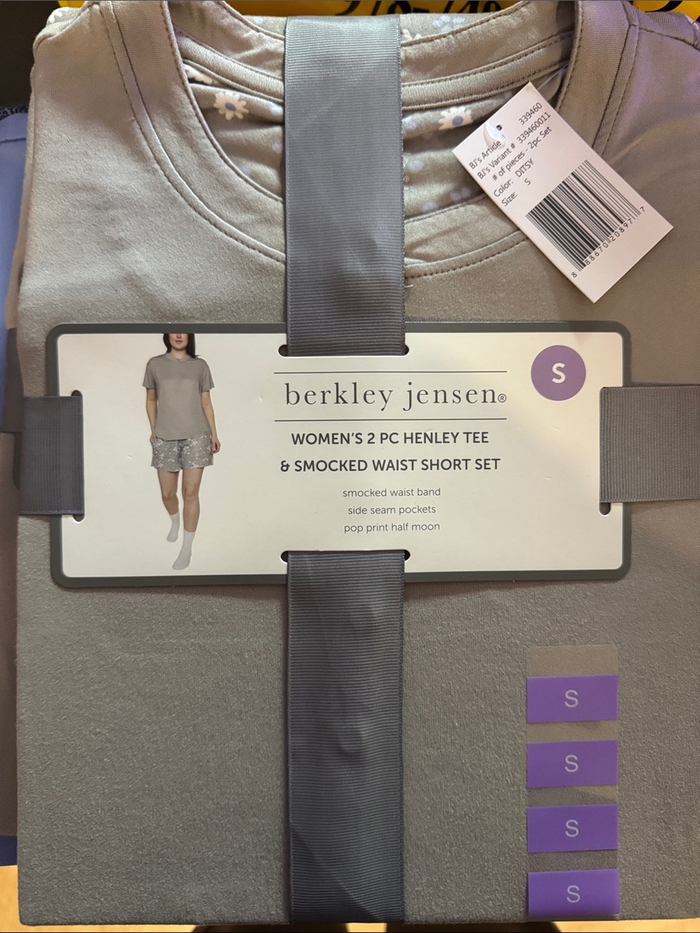 Women's 2-Piece Henley Tee & Smocked Waist Short Set - Light Gray - S